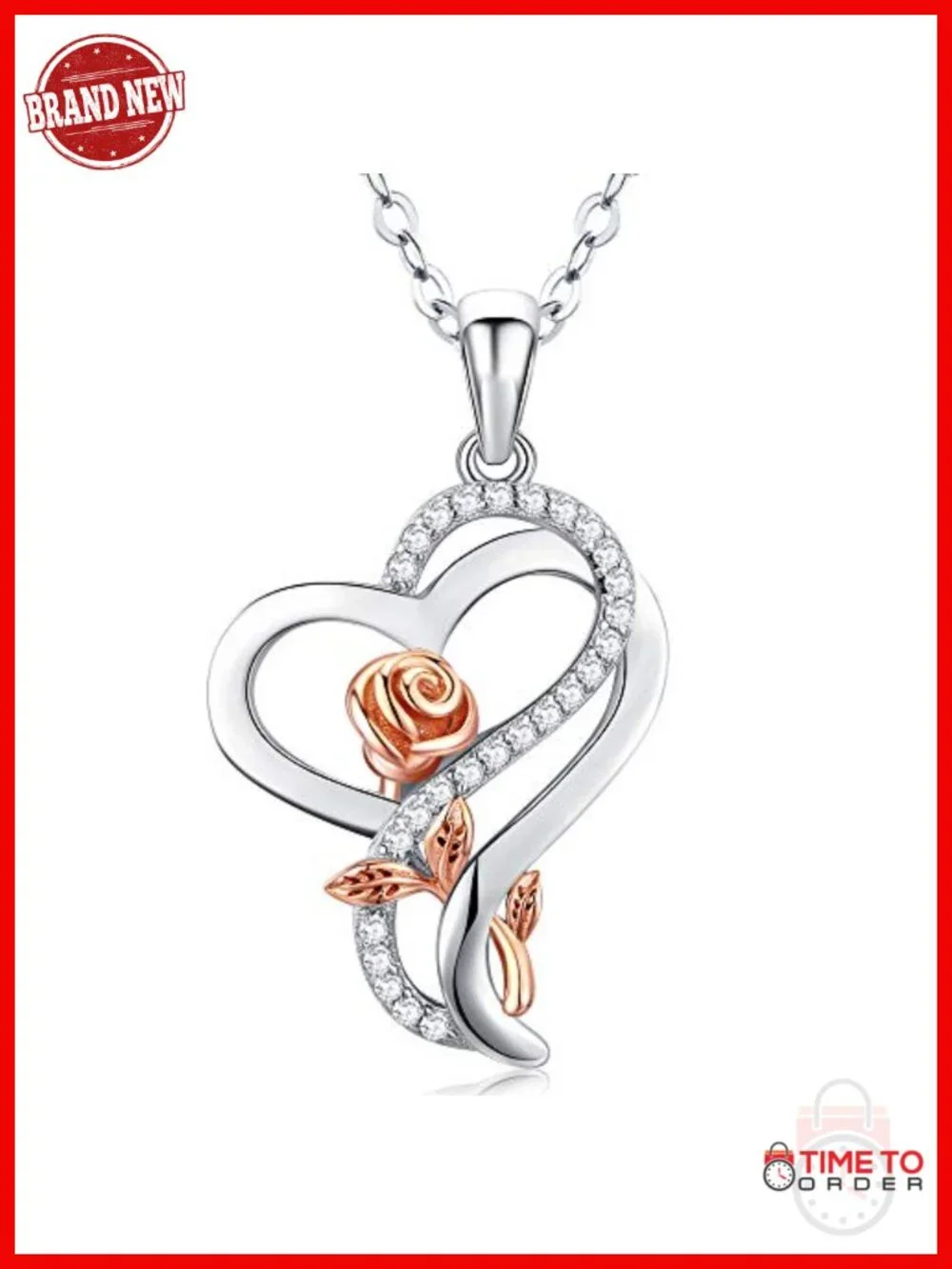 Sterling Silver Rose Heart Pendant Necklace with Cubic Zirconia